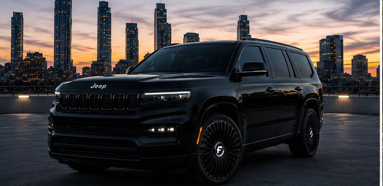 2026 Jeep Grand Wagoneer — blacked-out, Forgiato wheels, city skyline at dusk